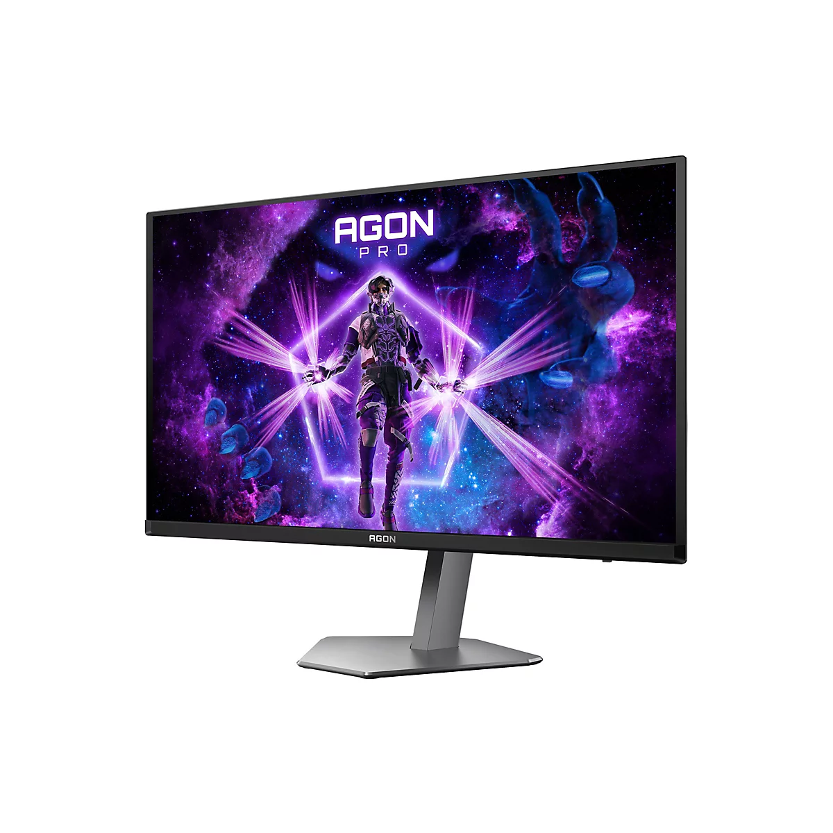 AGON PRO Gaming-Monitor auf grauem Standfuß mit leuchtend violettem Sci-Fi-Hintergrundbild.