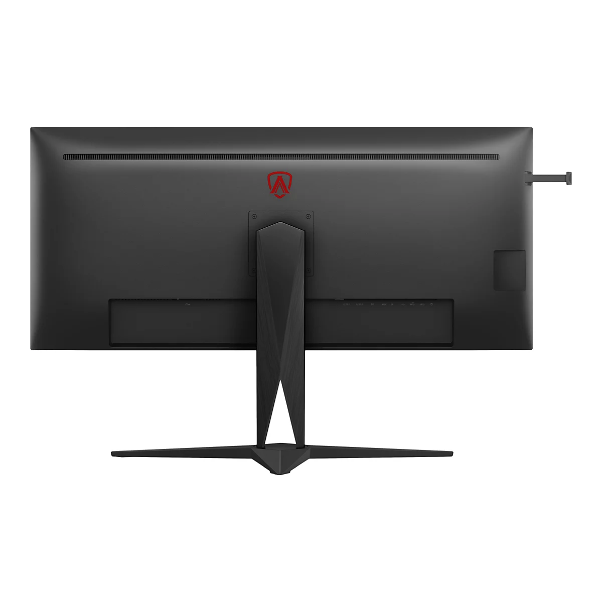 Vue arrière d'un moniteur de jeu noir avec un logo rouge au centre. Le moniteur possède des ports, un support et une fixation.