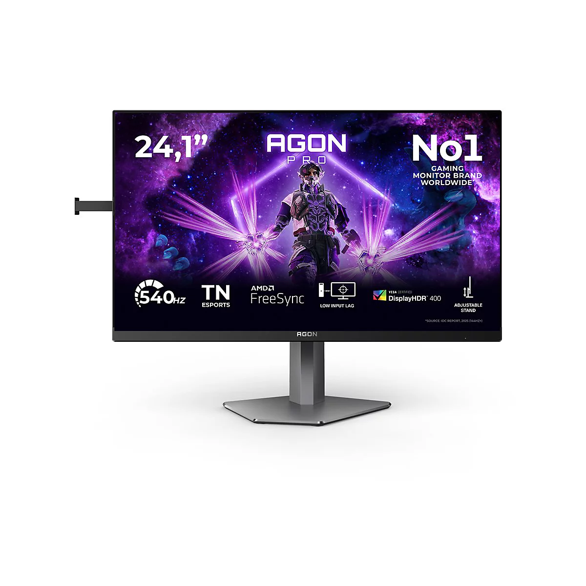 Gaming-Monitor mit 24,1 Zoll, 540 Hz und lila Cyberpunk-Grafik auf dem Display.