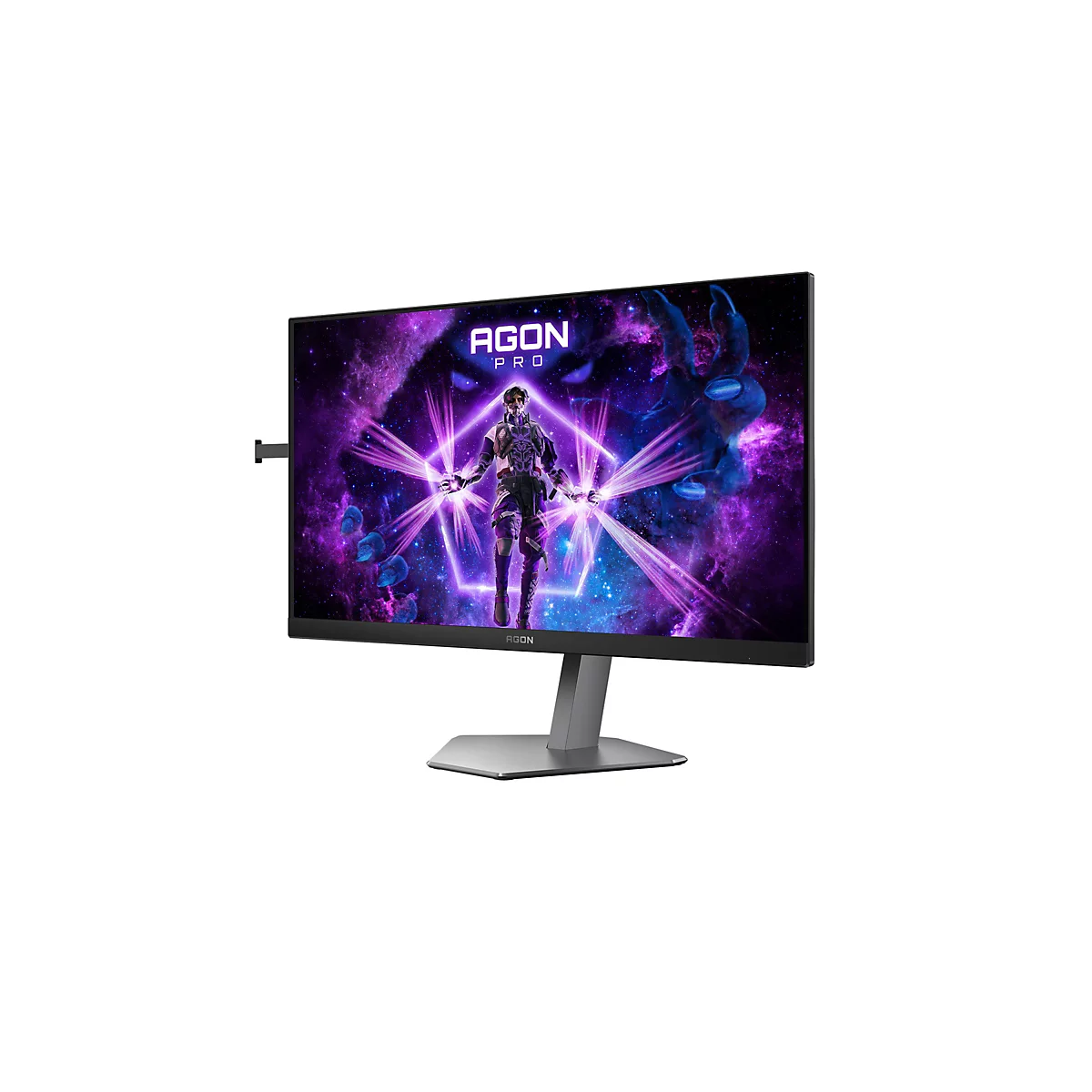 AGON PRO Gaming-Monitor mit futuristischem, violettem Gaming-Wallpaper vor weißem Hintergrund.