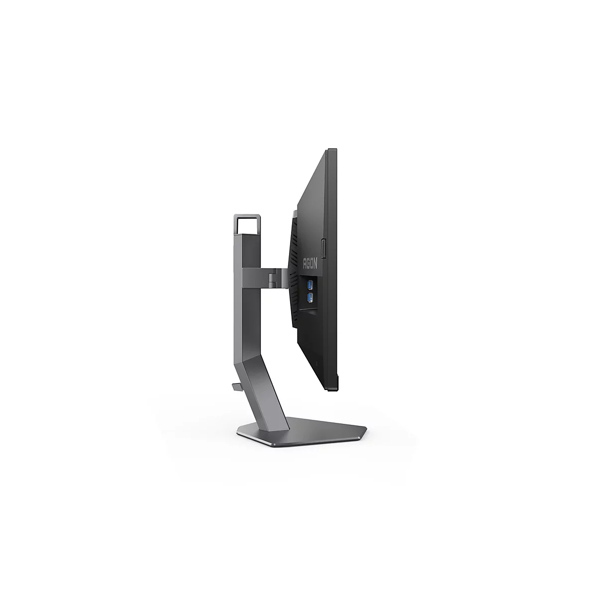 Seitliche Ansicht eines schwarzen Agon Gaming-Monitors auf einem grauen Standfuß vor weißem Hintergrund.