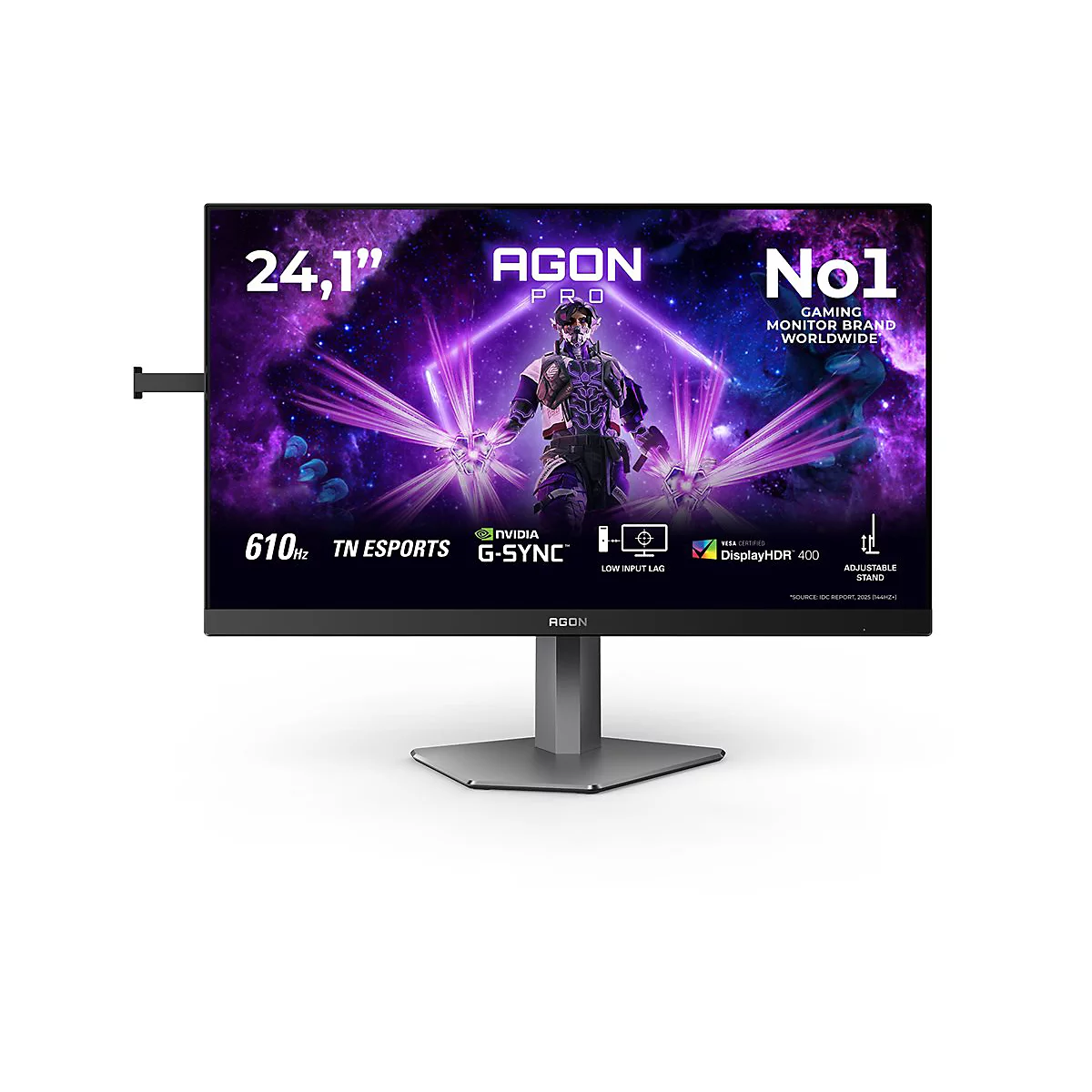 Agon Pro Gaming-Monitor mit 24,1 Zoll Display, zeigt einen futuristischen Charakter und technische Spezifikationen.