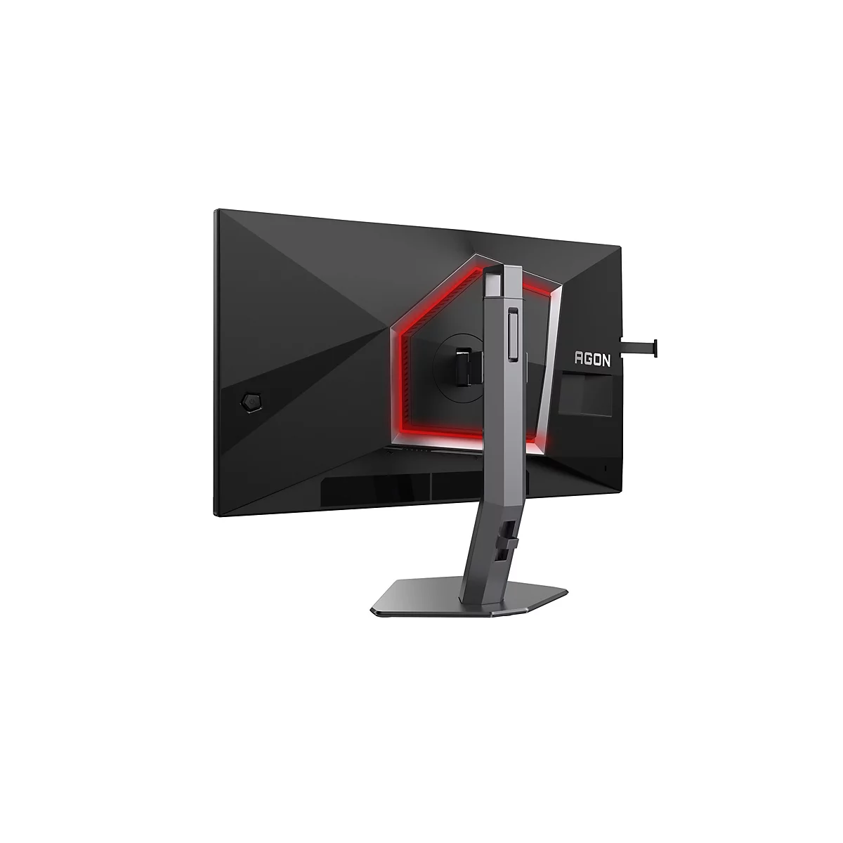Der schwarze Gaming-Monitor ist von hinten abgebildet. Das Display ist mit einem roten Licht versehen, das an den Rändern zu sehen ist. Der Monitor hat einen silberfarbenen Standfuß mit dem Schriftzug AGON.