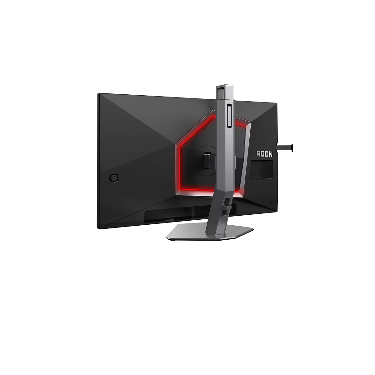 Rückseite eines schwarzen Gaming-Monitors mit rotem LED-Lichtring und silbernem Standfuß vor weißem Hintergrund.