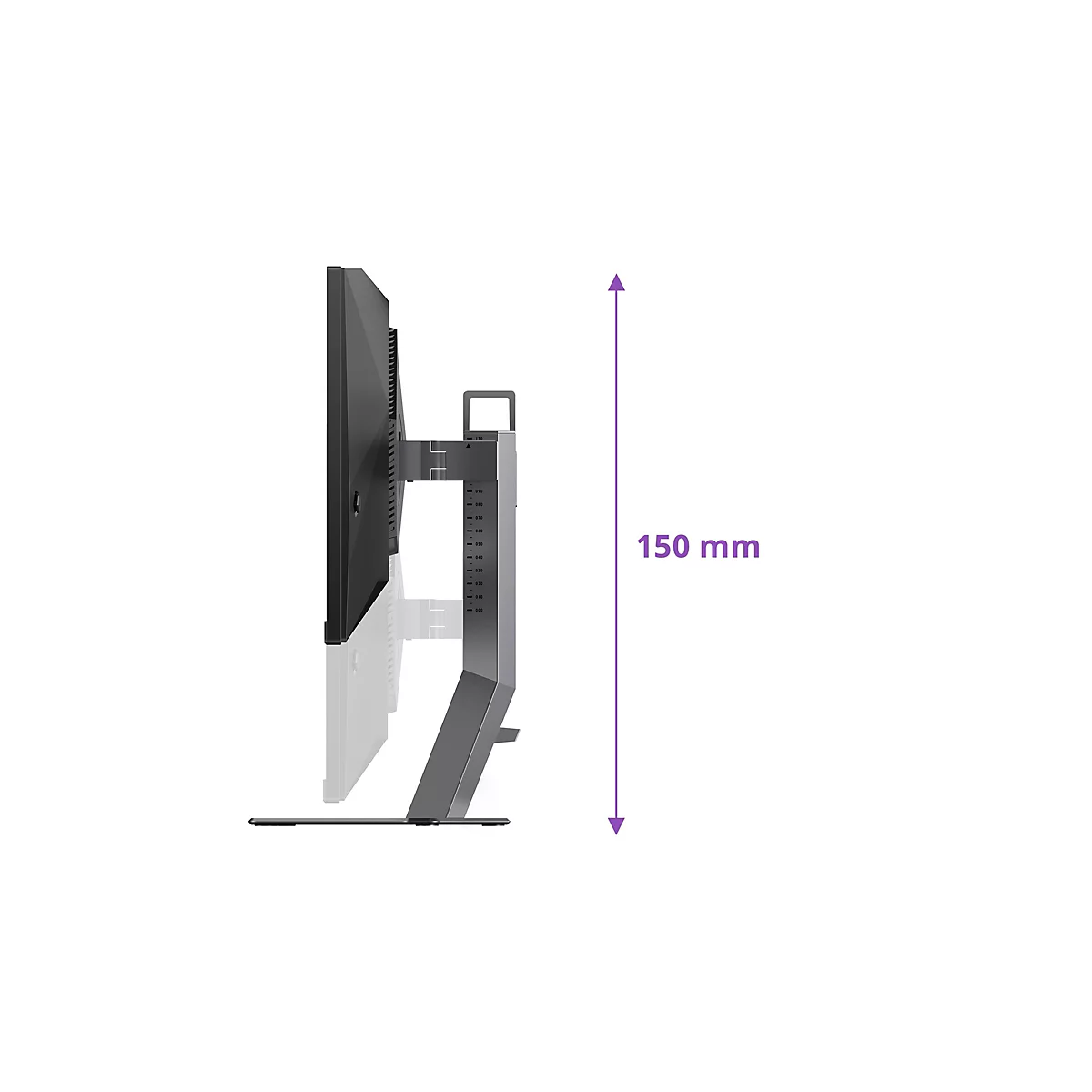 Seitenansicht eines schwarzen Monitors mit Messanzeige. Ein violettfarbener Pfeil zeigt eine Messung von 150 mm an.