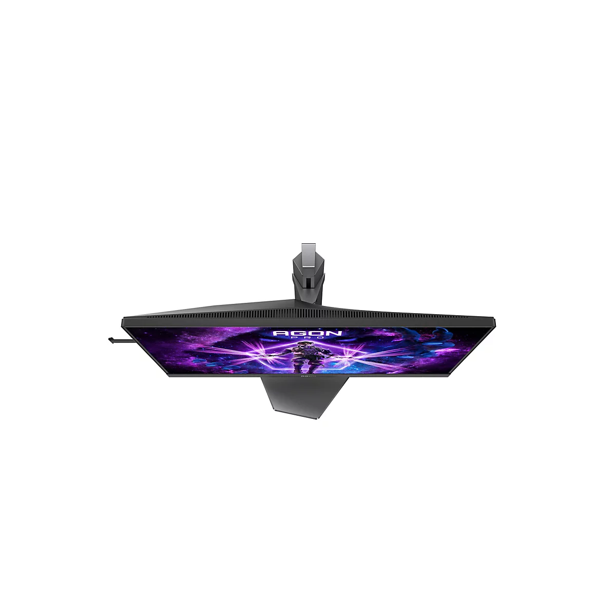Vue de dessus d'un moniteur noir avec le logo "AGON PRO". L'écran affiche un astronaute dans l'espace entouré de couleurs violettes et bleues.