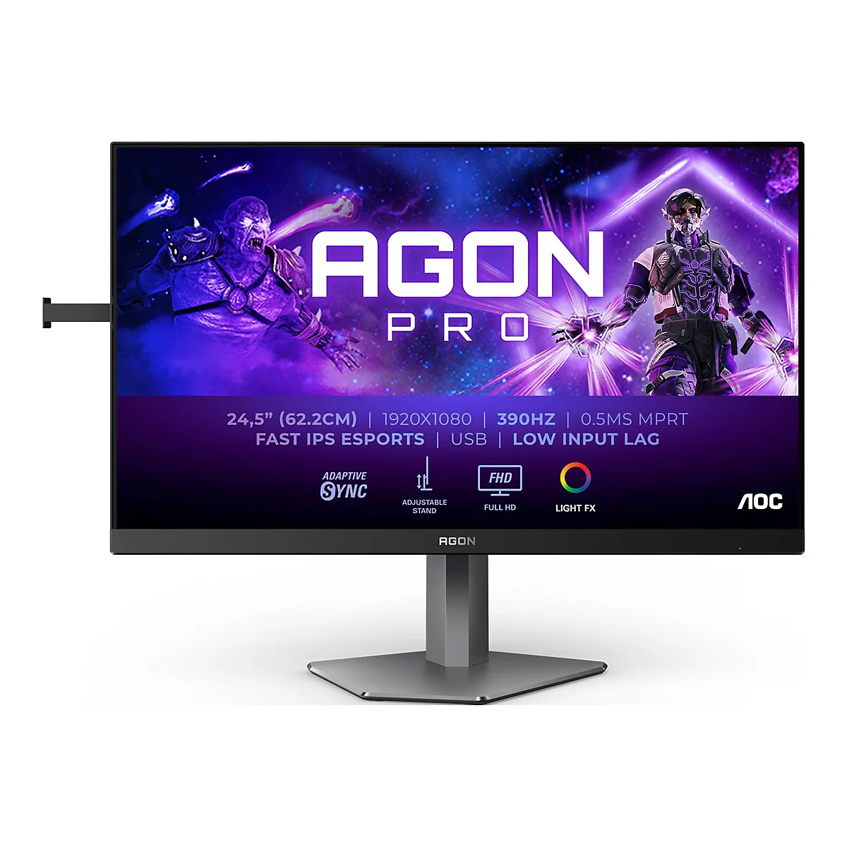 Ein schwarzer AGON Pro Monitor mit Standfuß. Auf dem Bildschirm sind ein Kampfszene und Produktinformationen zu sehen.