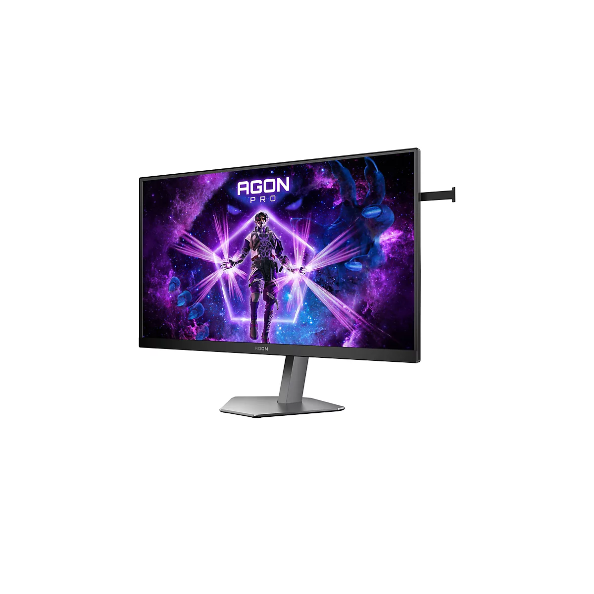 Ein Gaming-Monitor mit dem Schriftzug AGON PRO. Auf dem Bildschirm ist eine futuristische Figur in einem violetten und blauen Weltraumhintergrund zu sehen.