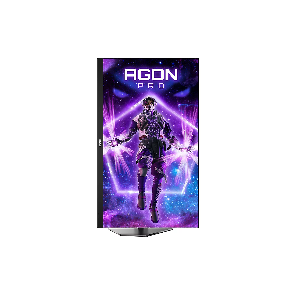 Hochkant aufgestellter Gaming-Monitor von AGON PRO mit leuchtendem violettem Weltraum-Motiv und Sci-Fi-Charakter.