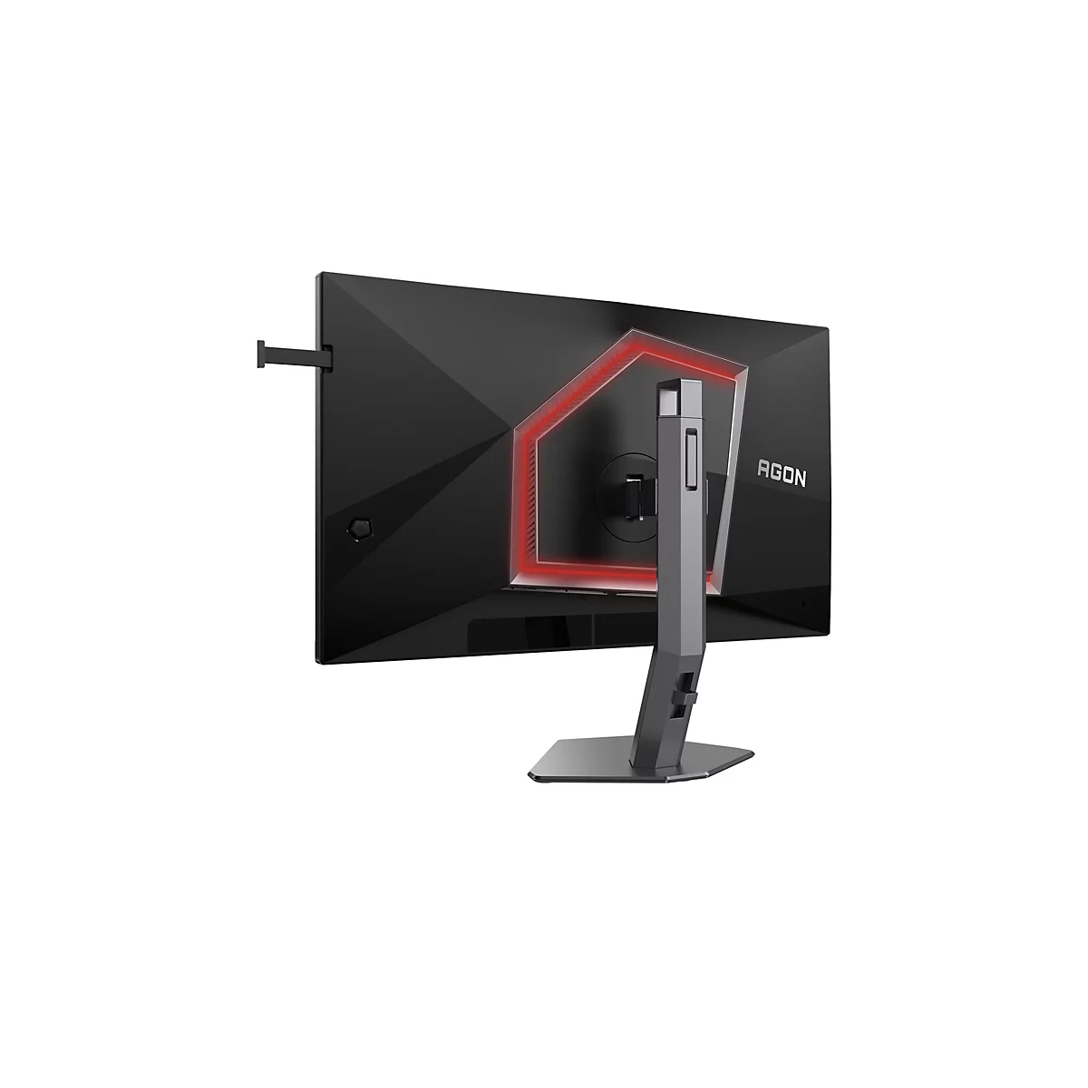 Rückansicht eines schwarzen AGON Gaming-Monitors mit roter LED-Beleuchtung und ausklappbarem Kopfhörerhalter.