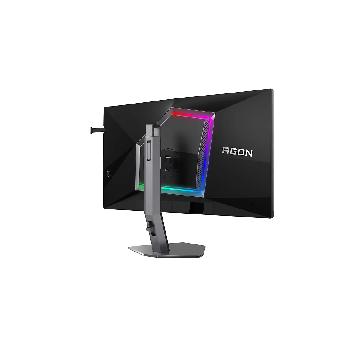 Rückansicht eines Agon Gaming-Monitors mit RGB-Beleuchtung und schwarzem Standfuß vor weißem Hintergrund.