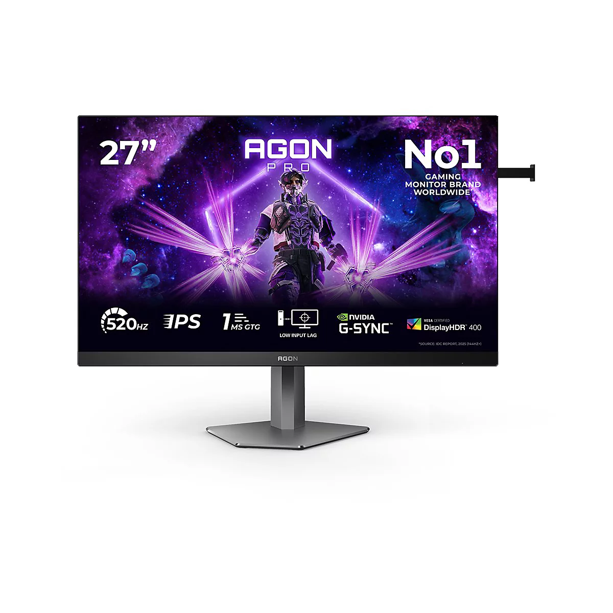 27-Zoll Agon Pro Gaming-Monitor mit futuristischem Weltraum-Hintergrundbild und technischen Spezifikations-Icons.