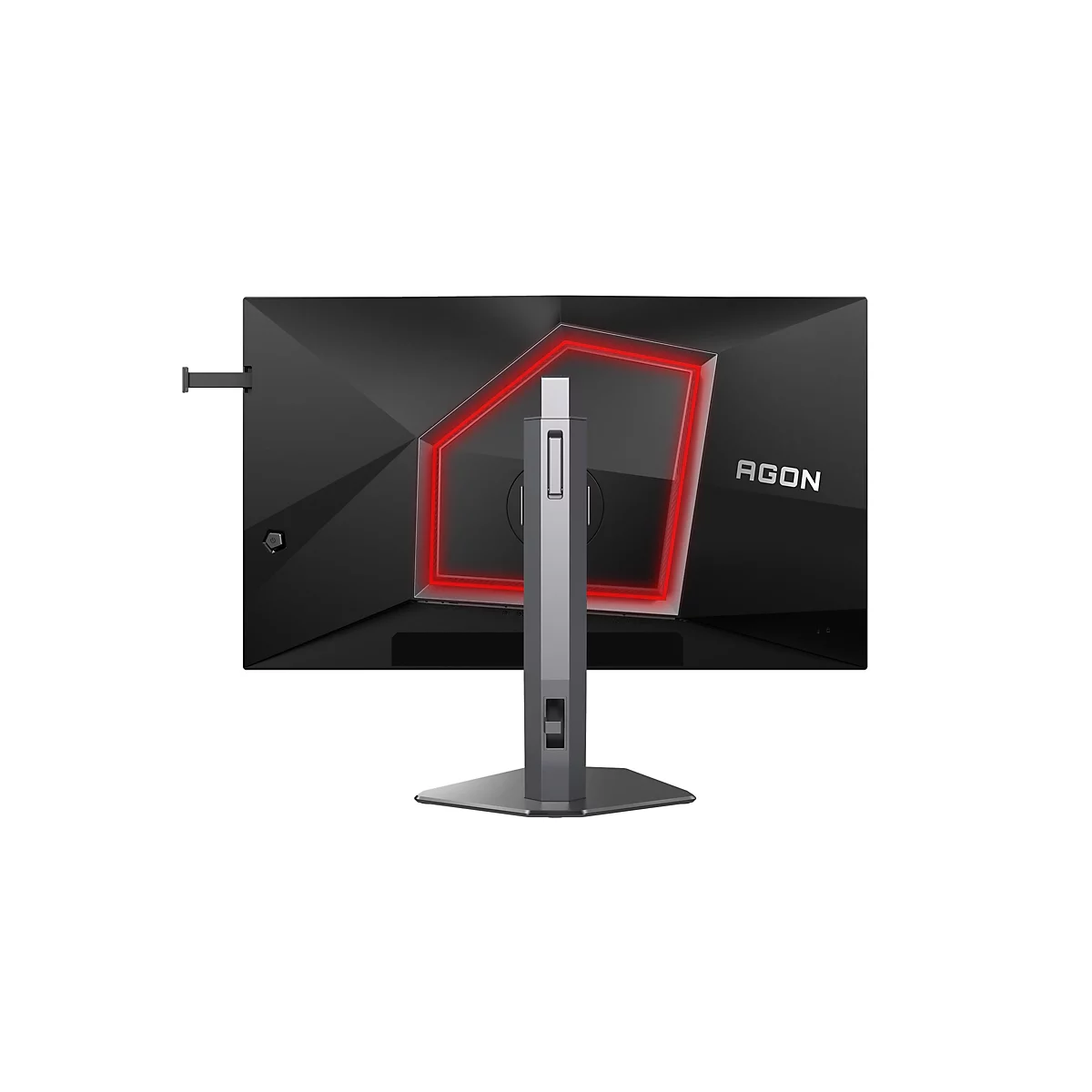 Rückseite eines schwarzen Agon Gaming-Monitors mit markanter roter LED-Beleuchtung auf einem Standfuß.