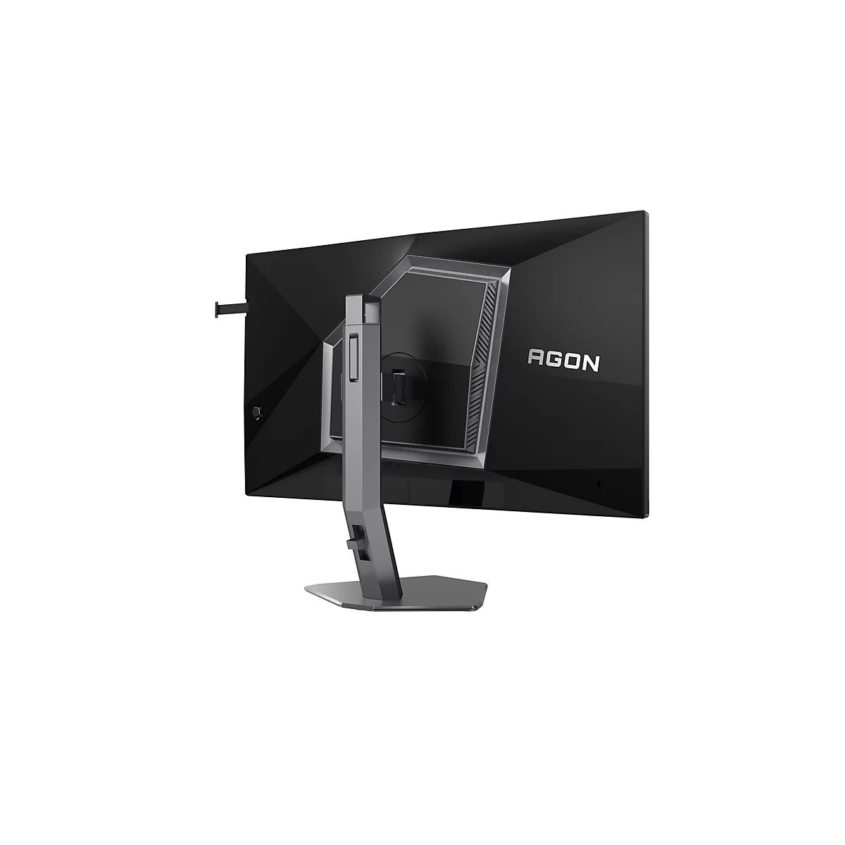 Rückansicht eines schwarzen AGON Gaming-Monitors auf einem silbernen Ständer vor weißem Hintergrund.