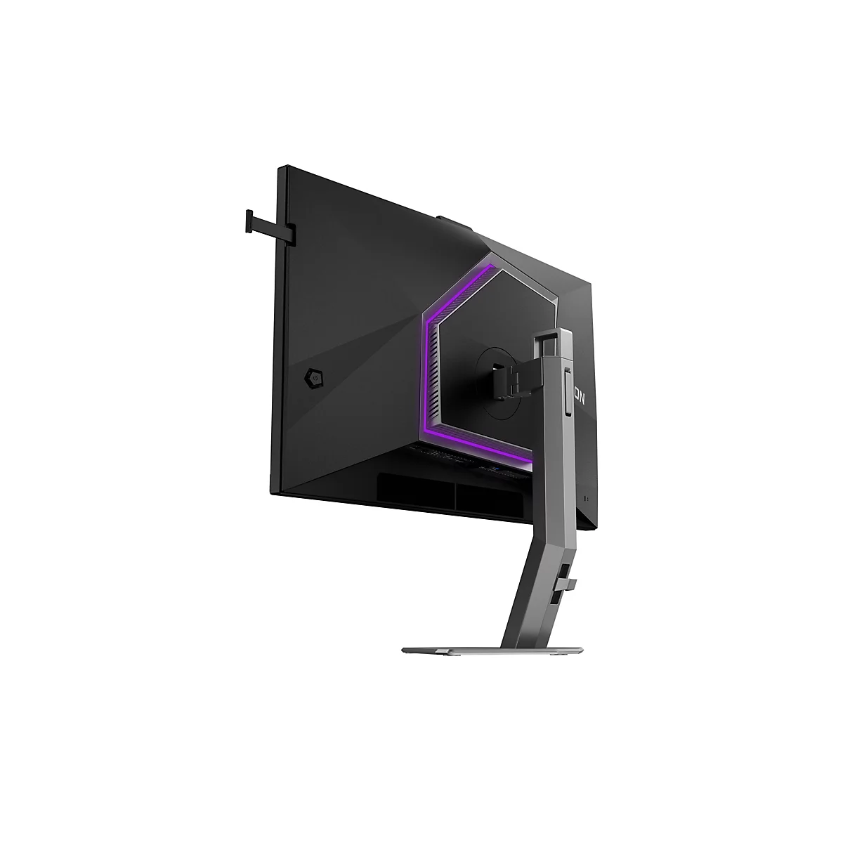 Rückansicht eines Gaming-Monitors mit lila LED-Akzenten und einem verstellbaren Standfuß vor weißem Hintergrund.