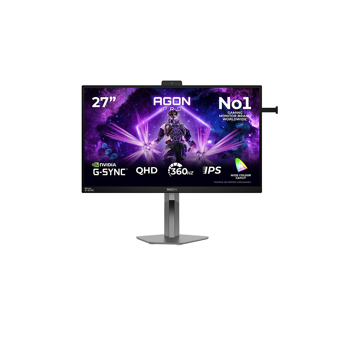 Gaming-Monitor mit 27-Zoll-Display und Aktionsbild vor hellem Hintergrund.