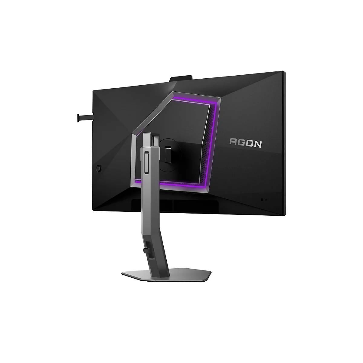 Rückansicht eines schwarzen Agon Gaming-Monitors mit violettem LED-Lichtring und Standfuß vor weißem Hintergrund.