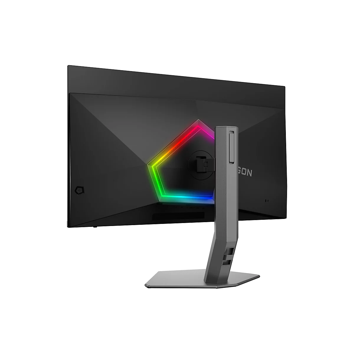 Der Monitor zeigt die Rückseite, schwarzer Bildschirm mit grauem Standfuß. Ein farbiges Licht leuchtet hinter dem Logo.