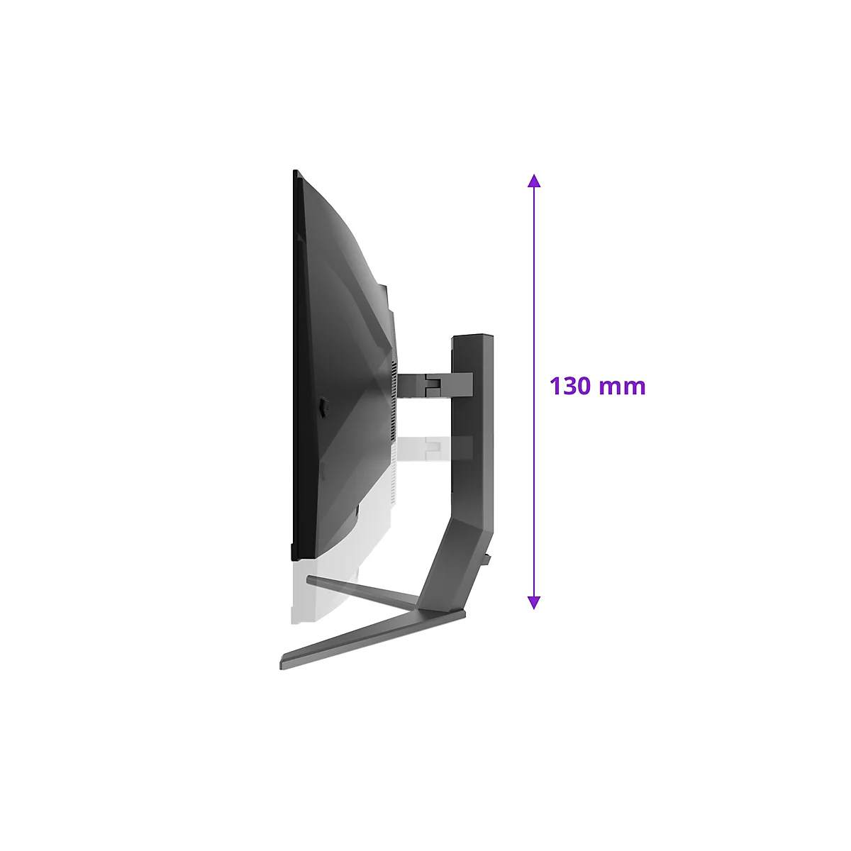Vue latérale d'un écran de jeu noir sur fond blanc. Le moniteur est marqué d'une flèche violette indiquant une hauteur de 130 mm.