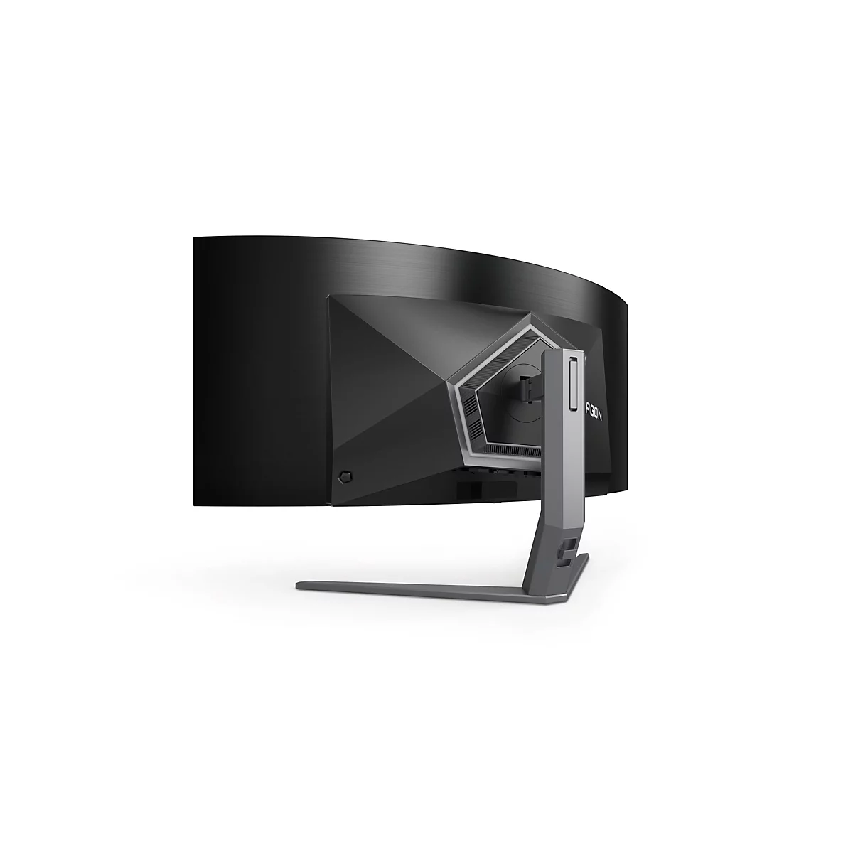 Der gebogene Gaming-Monitor in Schwarz-Grau wird von hinten und von der Seite gezeigt. Die Rückseite zeigt ein kantiges Design mit dem Logo "AGON". Der Standfuß ist grau.
