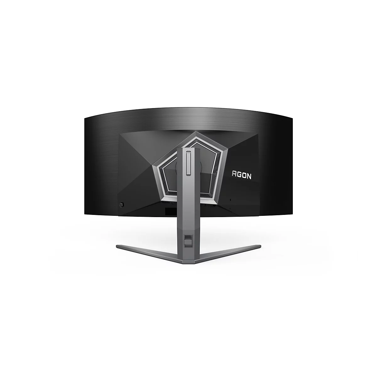 Rückansicht eines schwarzen AGON-Monitors mit silberfarbenem Standfuß. Das AGON-Logo ist deutlich sichtbar.