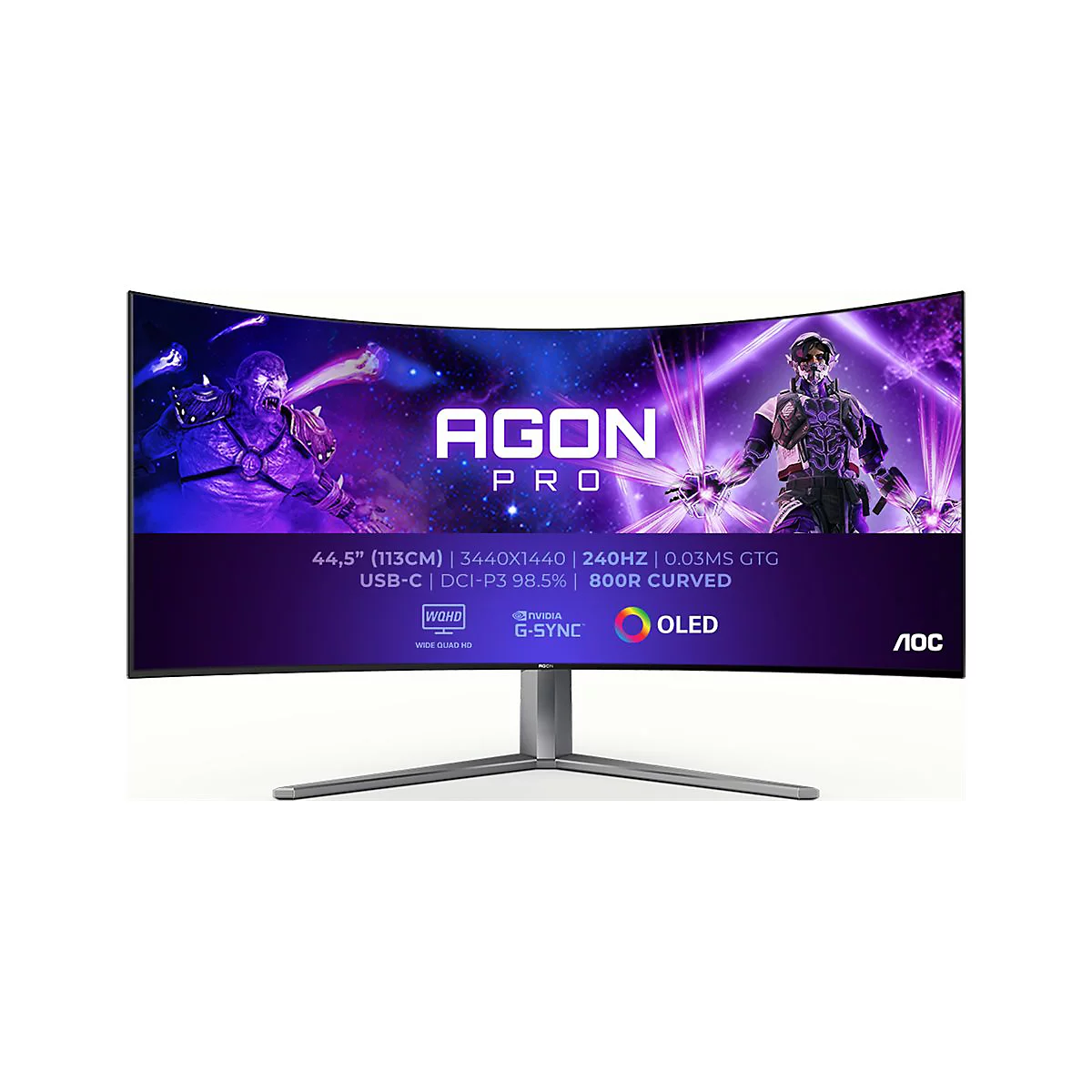 Gebogener OLED-Monitor von AOC. Auf dem Bildschirm sind eine Figur und der Schriftzug AGON PRO zu sehen.