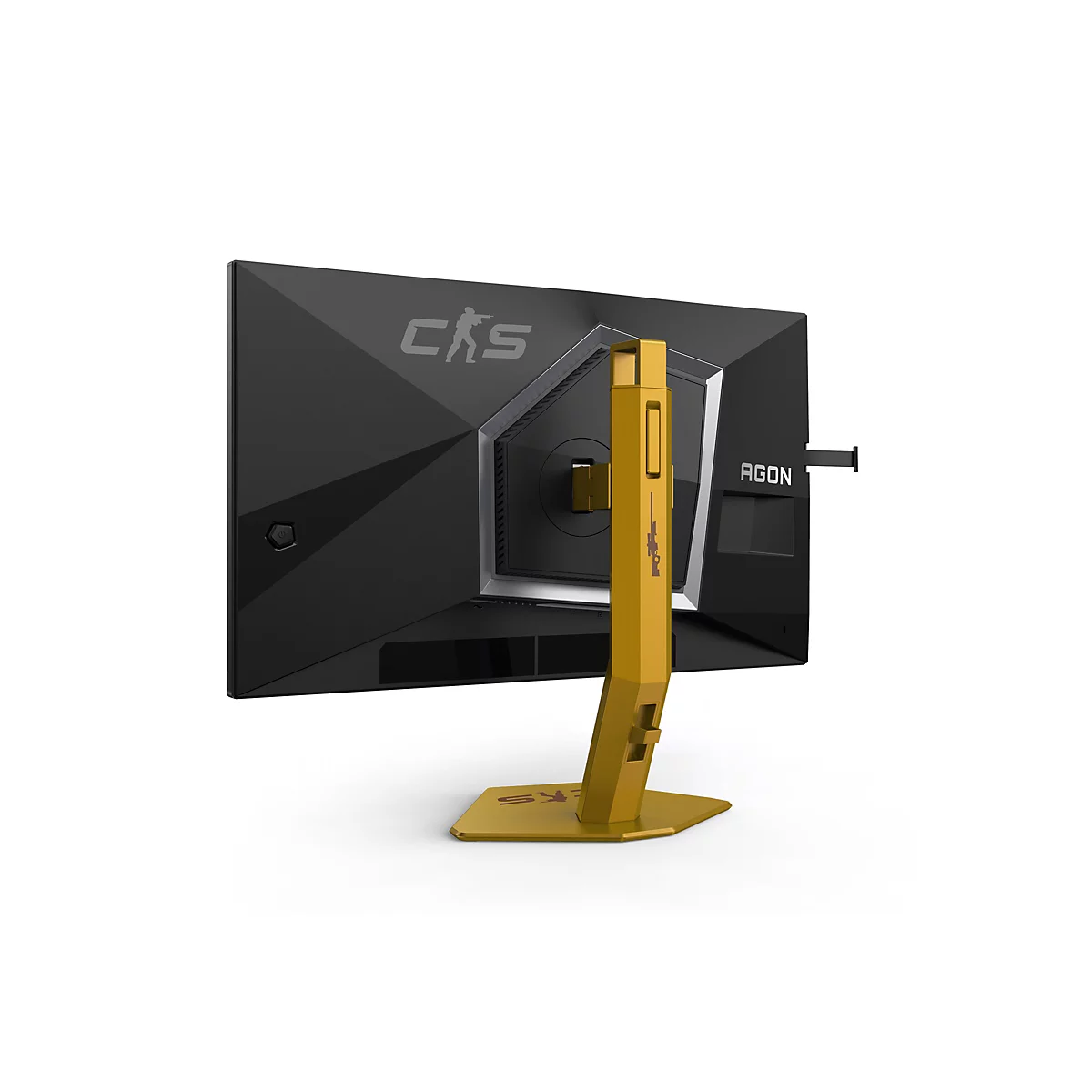 Vue arrière d'un moniteur noir avec un support doré. Le moniteur indique "CKS" et "AGON".