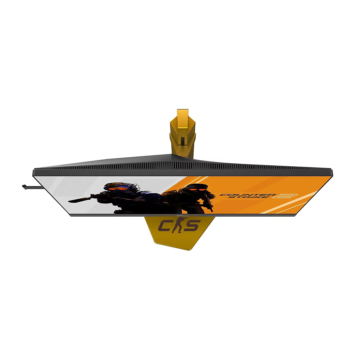 Un moniteur de jeu avec un support jaune et un écran affichant une image de Counter Strike 2.