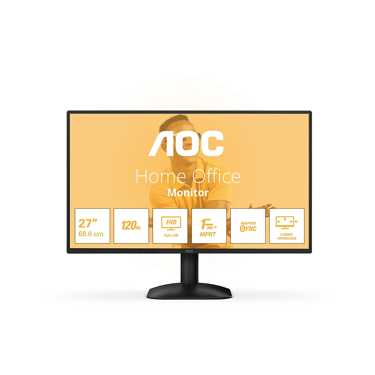 Moniteur AOC, 27 pouces, noir, avec détails techniques et lettrage Home Office, sur fond jaune.
