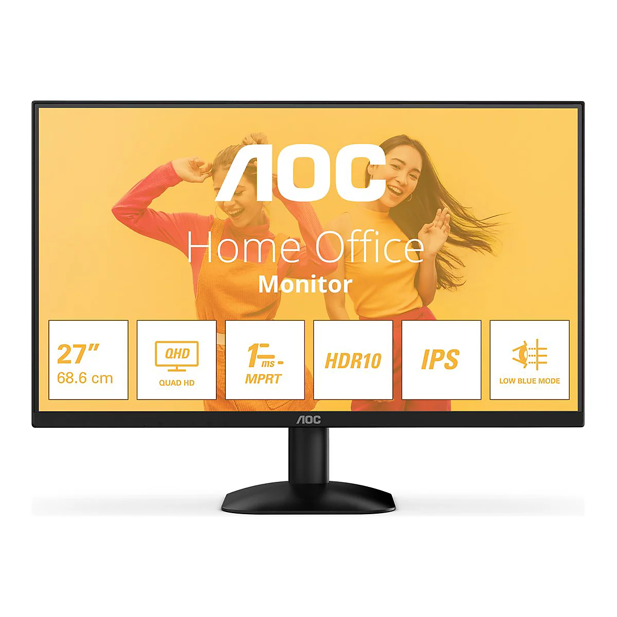 Moniteur AOC Home Office. L'écran affiche deux visages joyeux et des détails du produit tels que 27 pouces, QHD et HDR10.