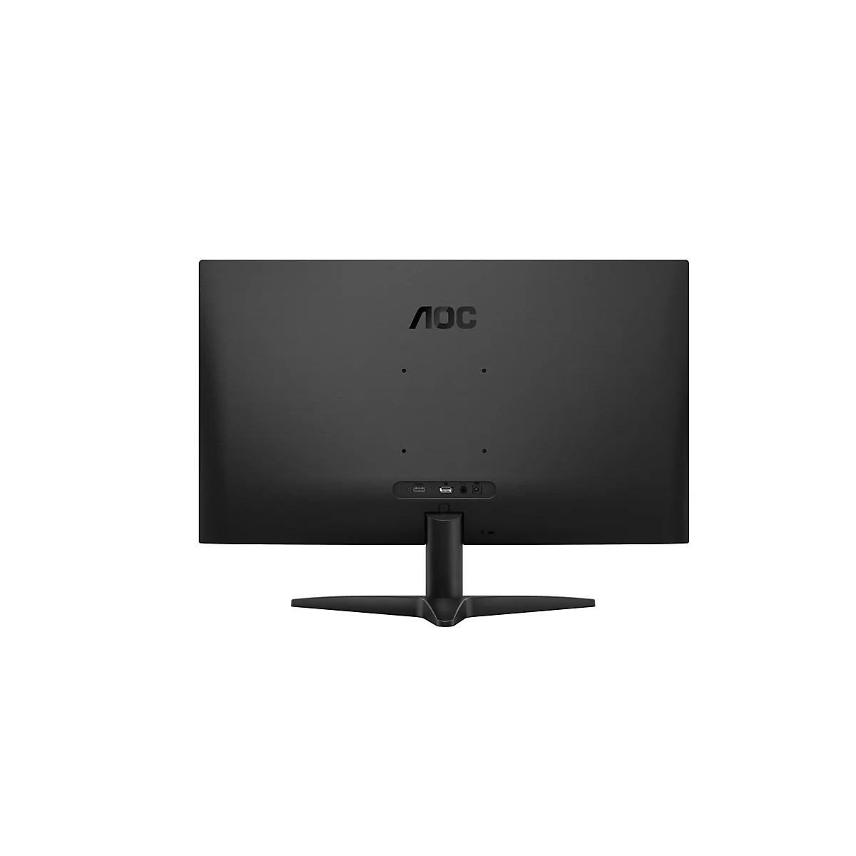 Rückseite eines schwarzen AOC-Monitors, Logo oben, Anschlüsse unten.