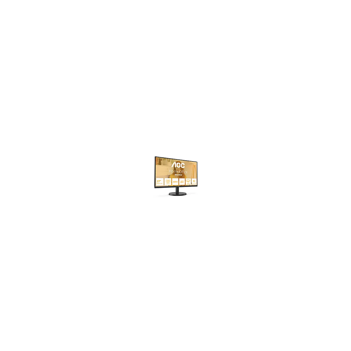 Ein schwarzer AOC Home Office Monitor mit weißem Schriftzug und Symbolen. 27 Zoll und 68,6 cm stehen links.