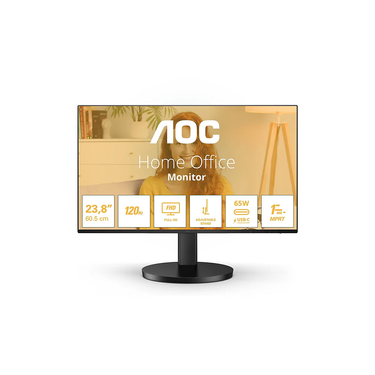 AOC Monitor vor weißem Hintergrund mit technischen Spezifikationen und einem Bild einer lächelnden Frau auf dem Display.