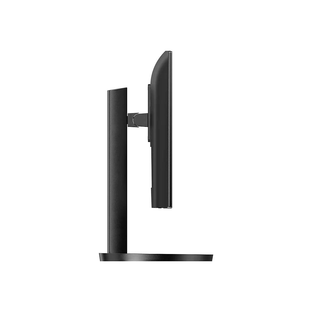 Schwarzer Monitor im Profil, mit Standfuß und Halterung.