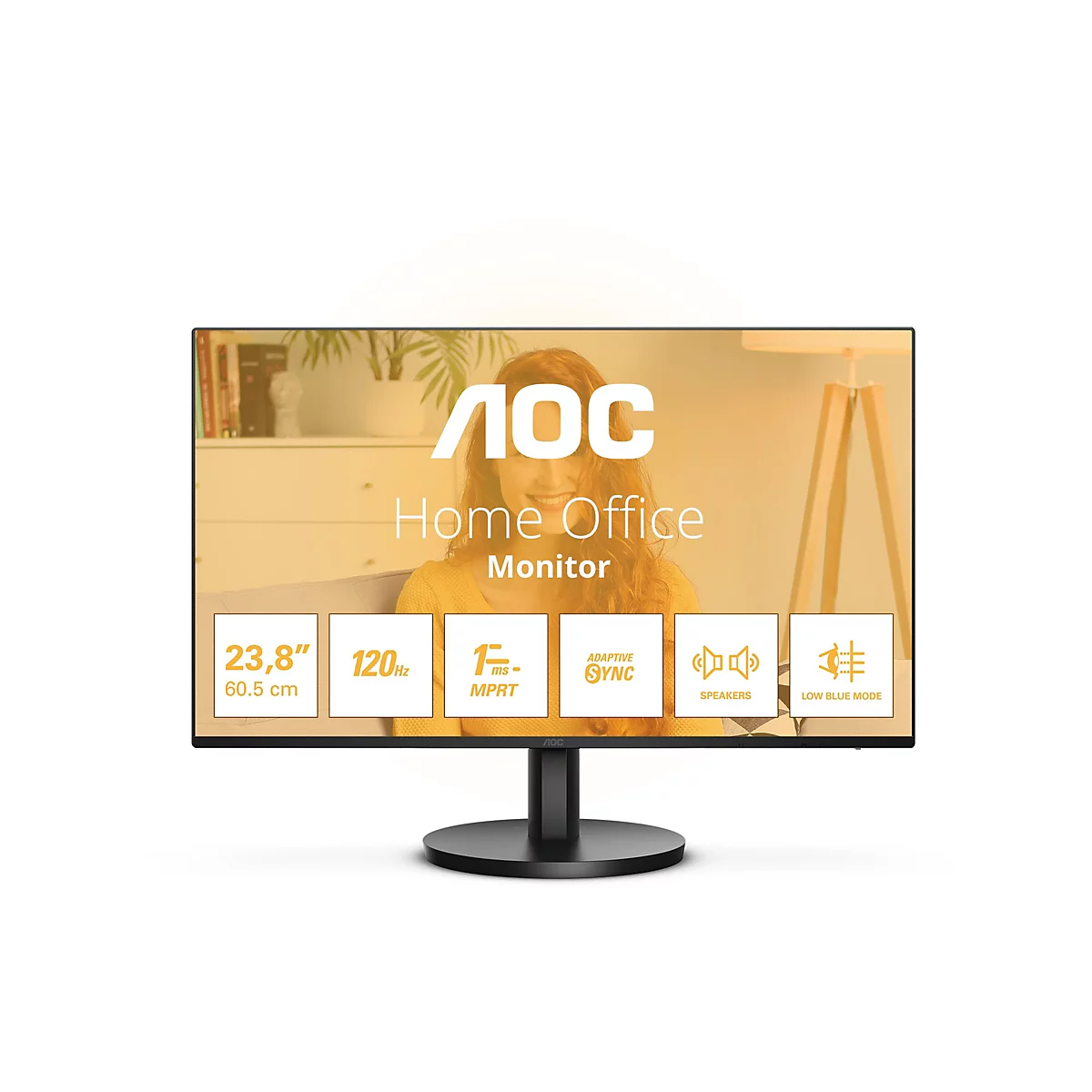 AOC Home Office Monitor. Frau im Hintergrund. Auf dem Monitor sind Angaben zu Größe, Hz, Reaktionszeit und Funktionen, wie Lautsprecher und Blaulichtfilter, abgebildet.