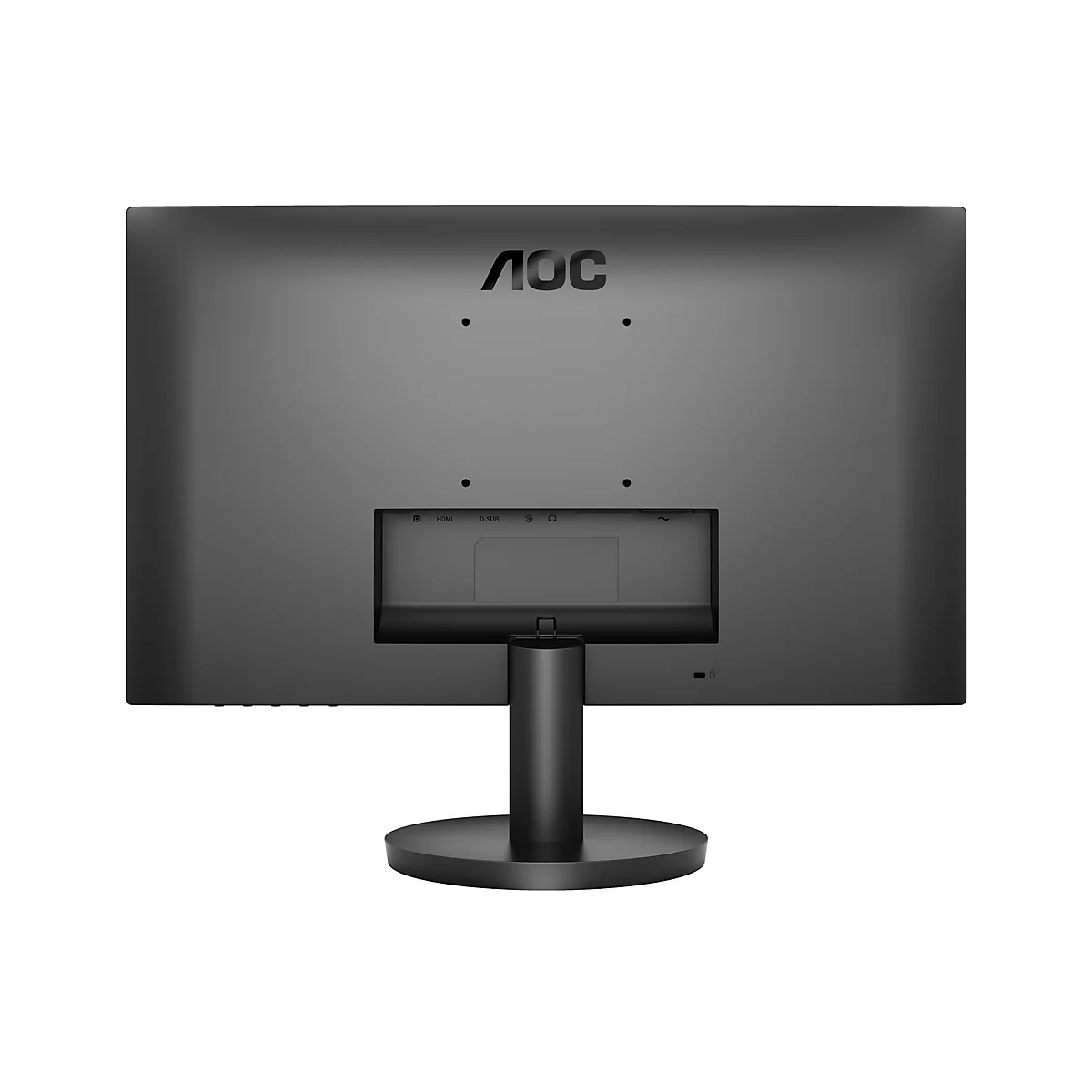 Rückseite eines schwarzen AOC-Monitors mit Standfuß. Anschlüsse: HDMI, D-SUB, Audio, Strom. AOC-Logo oben.