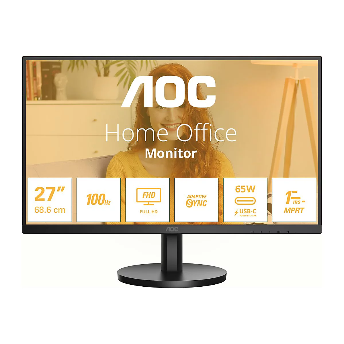 AOC Home Office Monitor (27 Zoll) mit technischen Spezifikationen wie 100Hz, FHD, USB-C und 1ms Reaktionszeit.
