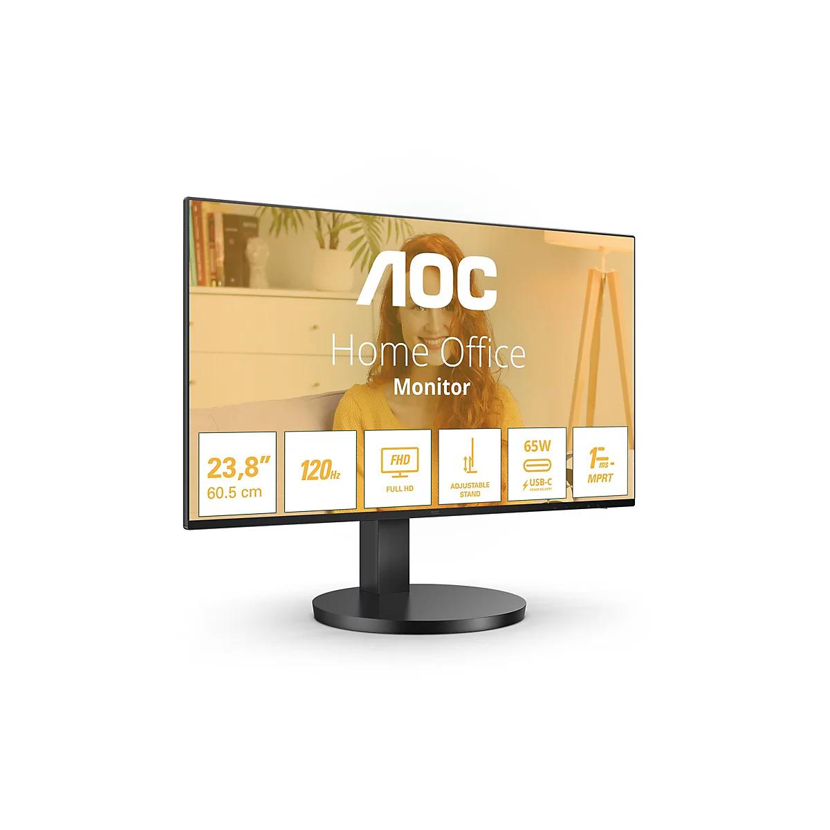 Ein schwarzer AOC-Monitor mit weißem Text: 23,8 Zoll, 120Hz, FHD, verstellbarer Standfuß, 65W USB-C und MPRT. Auf dem Bildschirm ist eine Frau zu sehen.