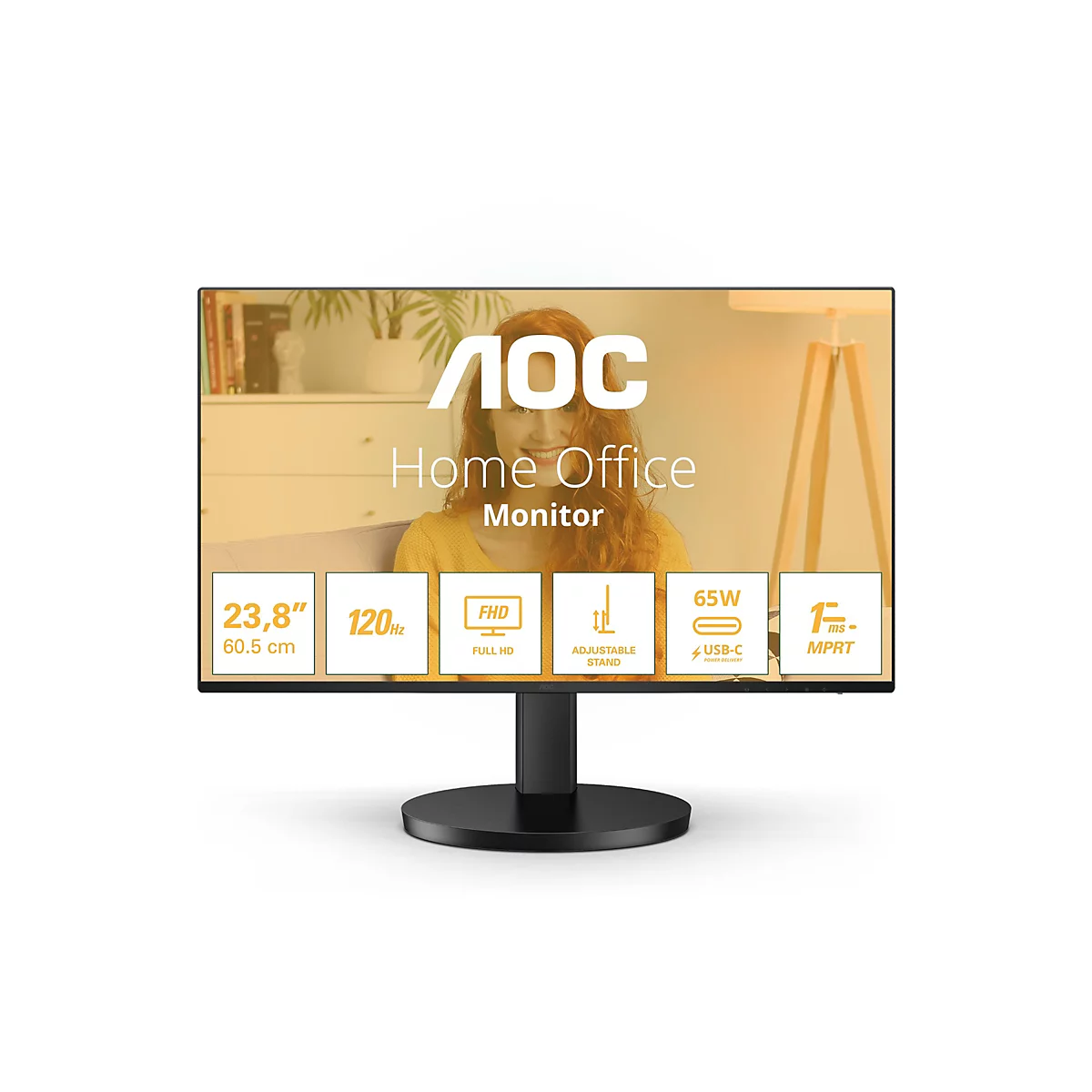 Ein AOC Home Office Monitor mit weißem Schriftzug, dahinter eine lächelnde Frau. Der Monitor zeigt Größenangaben und technische Spezifikationen.