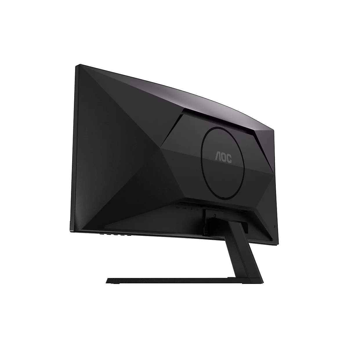 Schwarzer AOC-Monitor von hinten, schräg von unten fotografiert. Auf dem Gehäuse befindet sich das AOC-Logo.