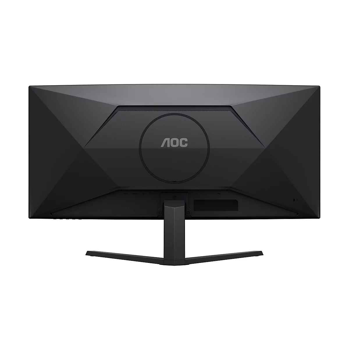 Rückseite eines schwarzen AOC-Monitors, der auf einem weißen Hintergrund steht. Das AOC-Logo ist deutlich zu sehen.