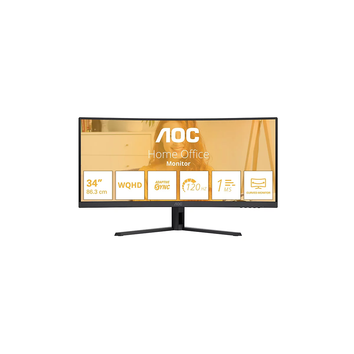 Schwarzer, gebogener 34-Zoll AOC Monitor mit technischem Datenblatt auf dem Display vor weißem Hintergrund.