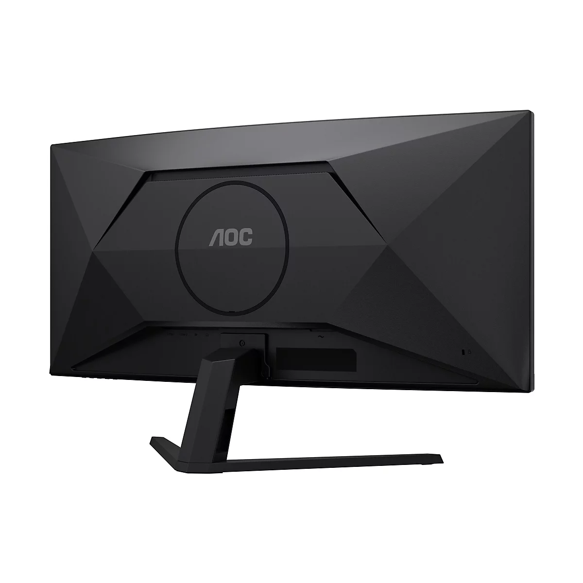 Rückansicht eines schwarzen Monitors. Logo "AOC" auf rundem Feld. Anschlüsse und Monitorfuß sichtbar.
