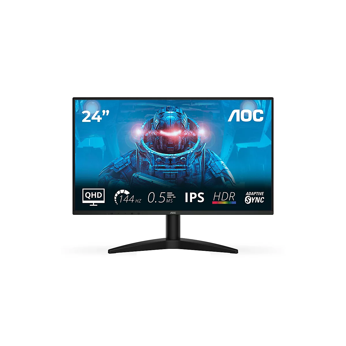 AOC 24 Zoll Gaming Monitor vor weißem Hintergrund mit leuchtendem Sci-Fi-Gaming-Bildschirminhalt.