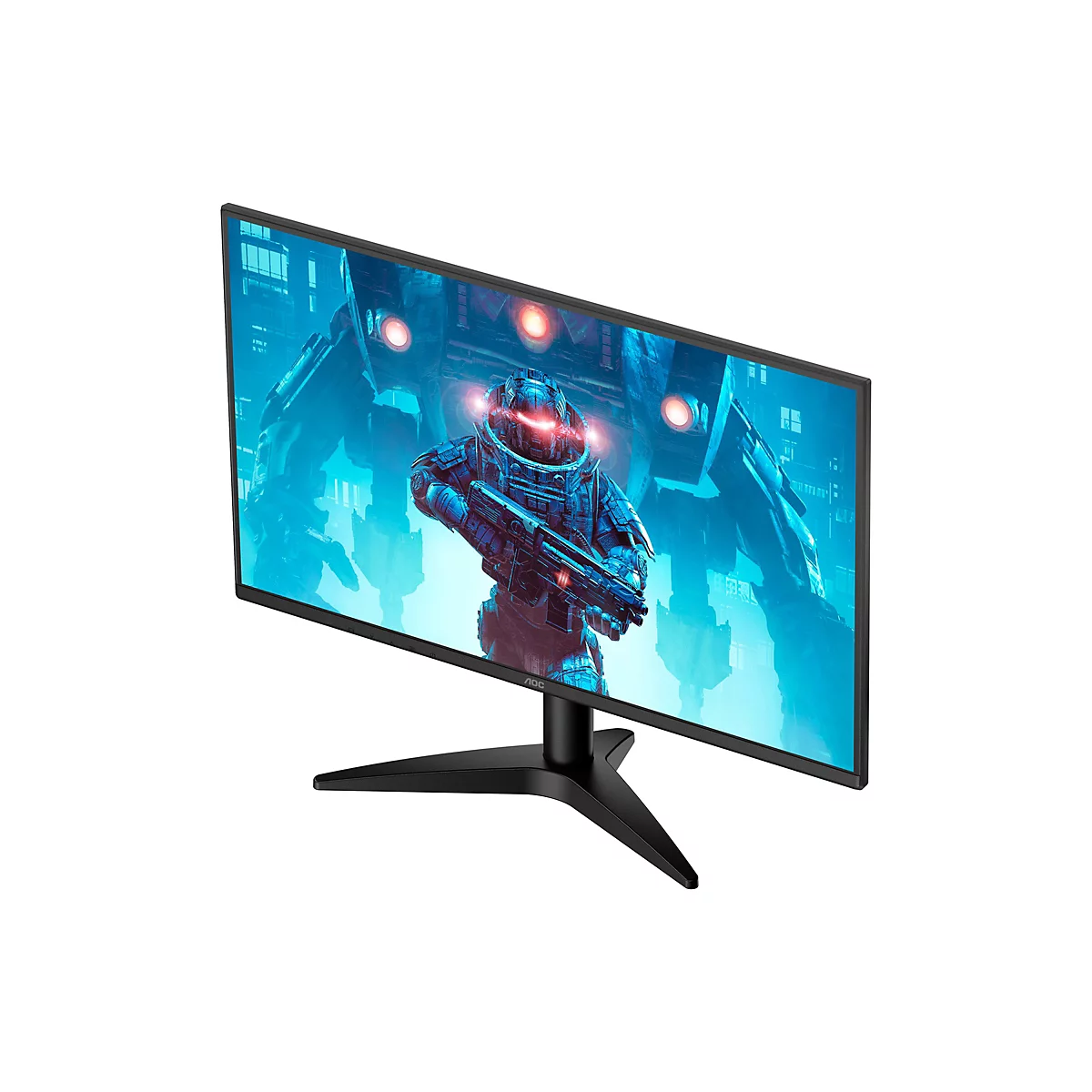 Ein schwarzer Gaming-Monitor mit futuristischem Hintergrundbild, das einen Soldaten mit Waffe zeigt. Der Monitor hat einen schwarzen Standfuß.