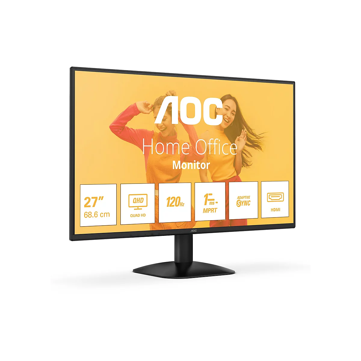 AOC Home Office Monitor. Schwarzer Monitor, auf dem gelben Hintergrund zwei lächelnde Frauen abgebildet sind. Die wichtigsten Spezifikationen des Monitors sind: 27 Zoll, QHD, 120 Hz, 1 ms MPRT, Adaptive Sync und HDMI.