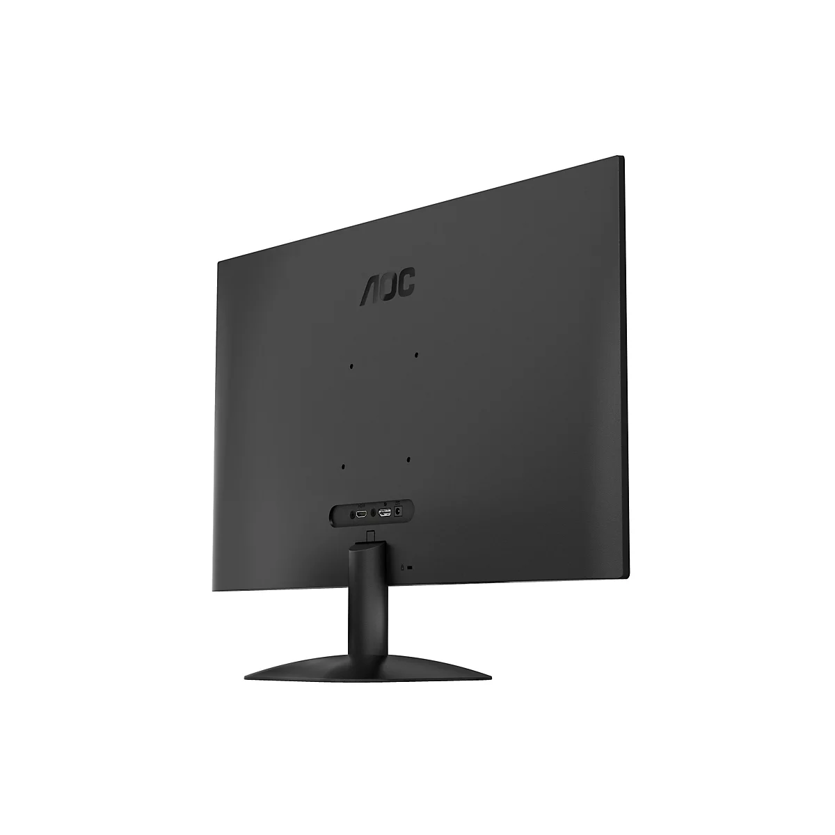 Rückansicht eines schwarzen AOC-Monitors mit Standfuß. Sichtbar sind Anschlüsse und das AOC-Logo.