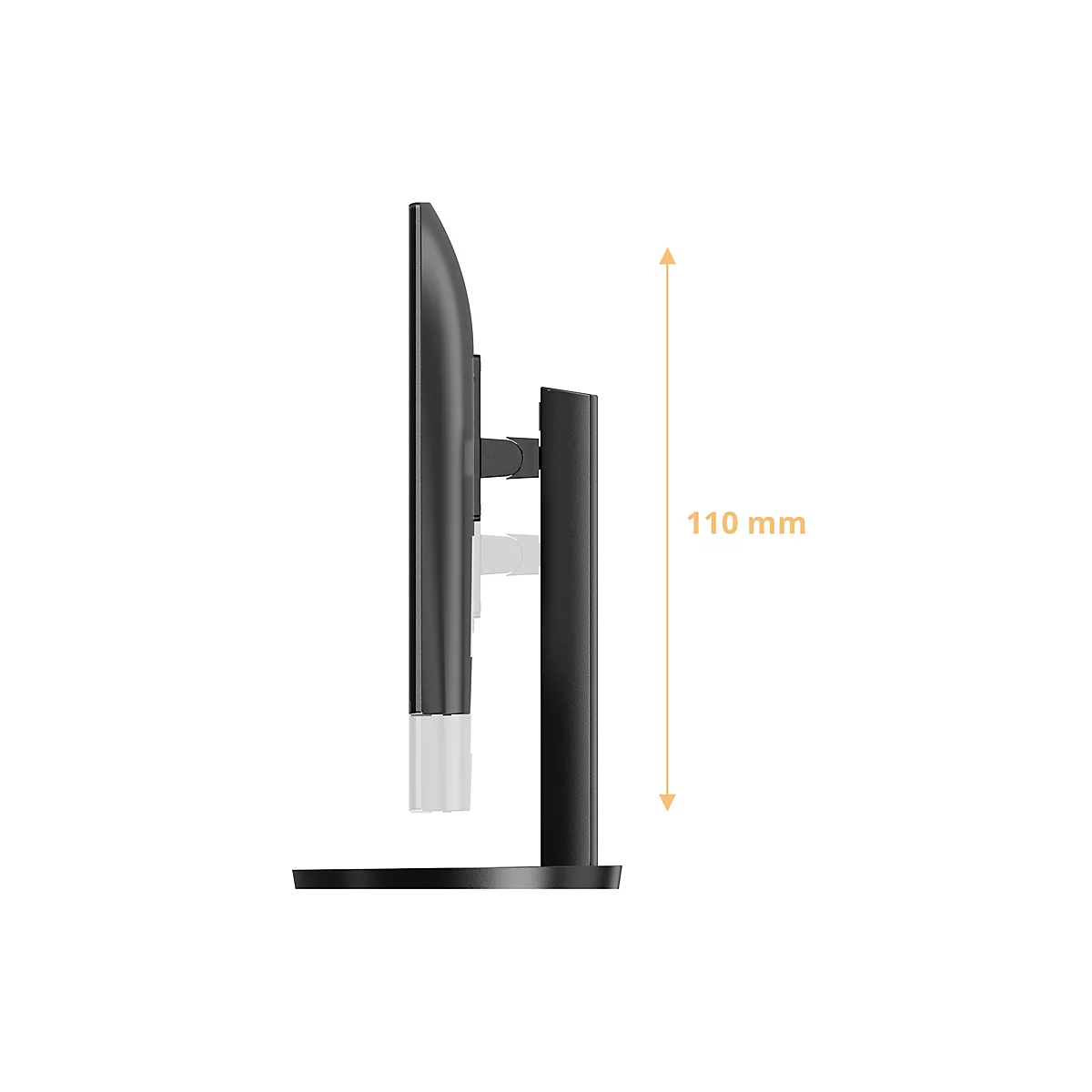 Seitenansicht eines schwarzen Monitors mit Standfuß. Ein Pfeil zeigt die Höhe von 110 mm an.