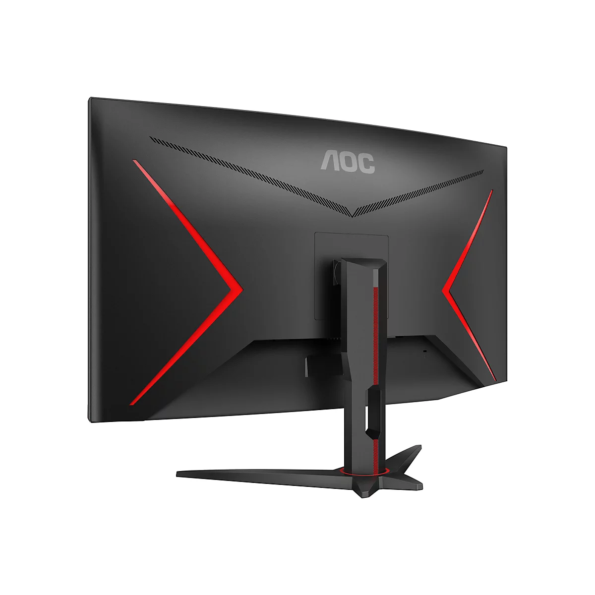 Der schwarze AOC-Monitor mit roten Designelementen wird von hinten und leicht schräg von unten fotografiert. Auf dem Monitor ist das AOC-Logo zu sehen.