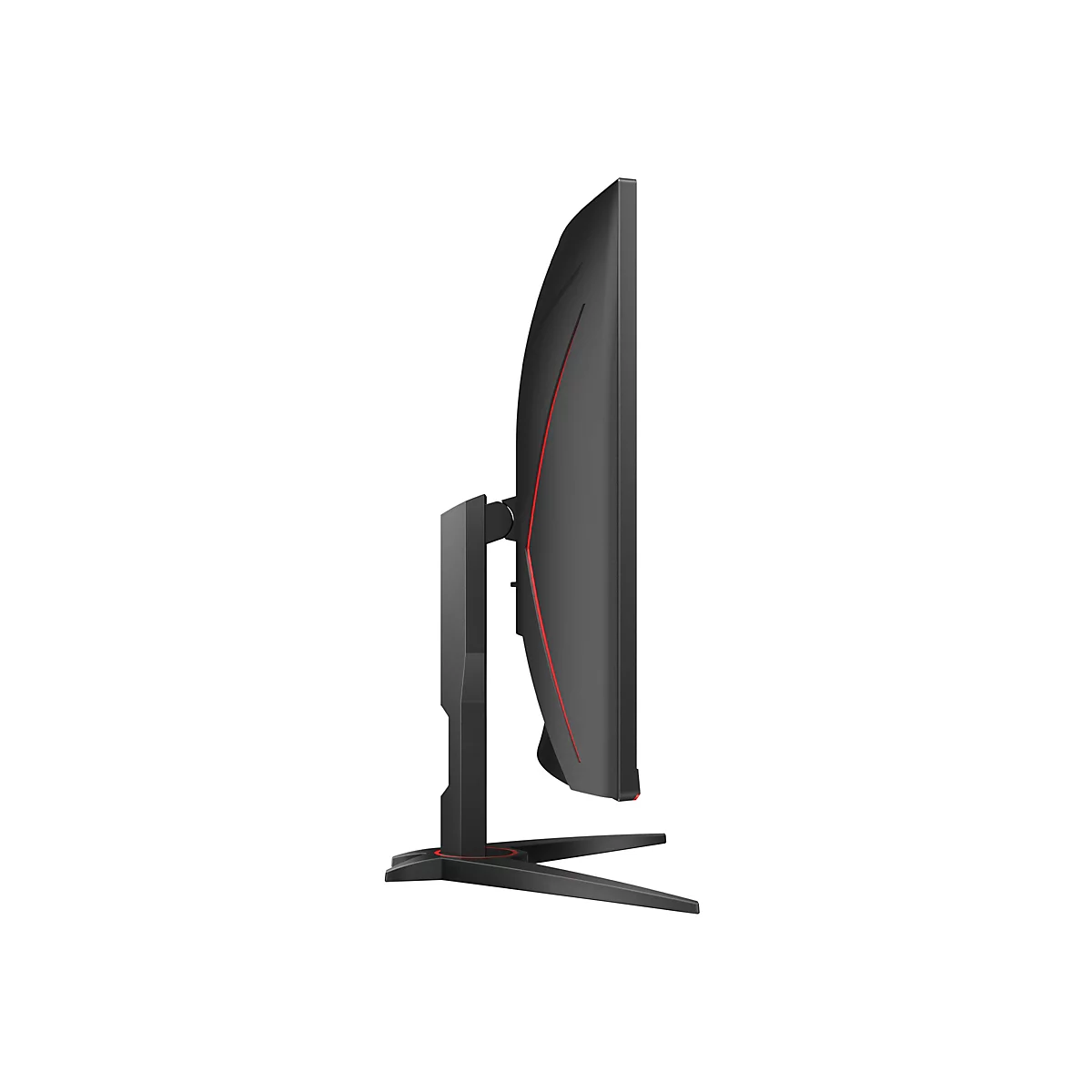 Seitenansicht eines schwarzen Gaming-Monitors mit roten Akzenten und gebogenem Bildschirm.
